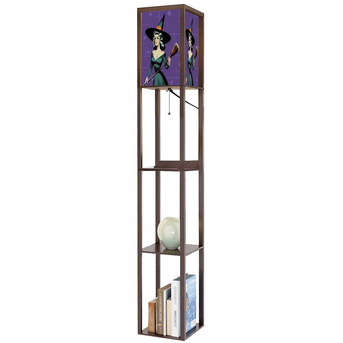 Mid Century Modern Vintage Pin Up Witch Purple Teal Halloween Lampshade for Floor Lamp with Shelves - Lampshade Only - Mid Century Modern Gal