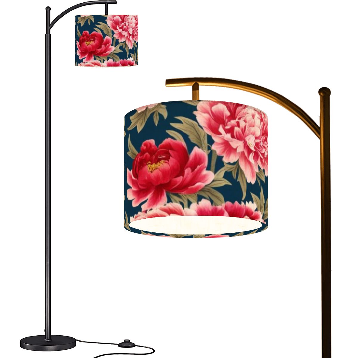 Chinoiserie Royal Blue Pink, Red Roses And Peony Floral Modern Arc Floor Lamp - Mid Century Modern Gal