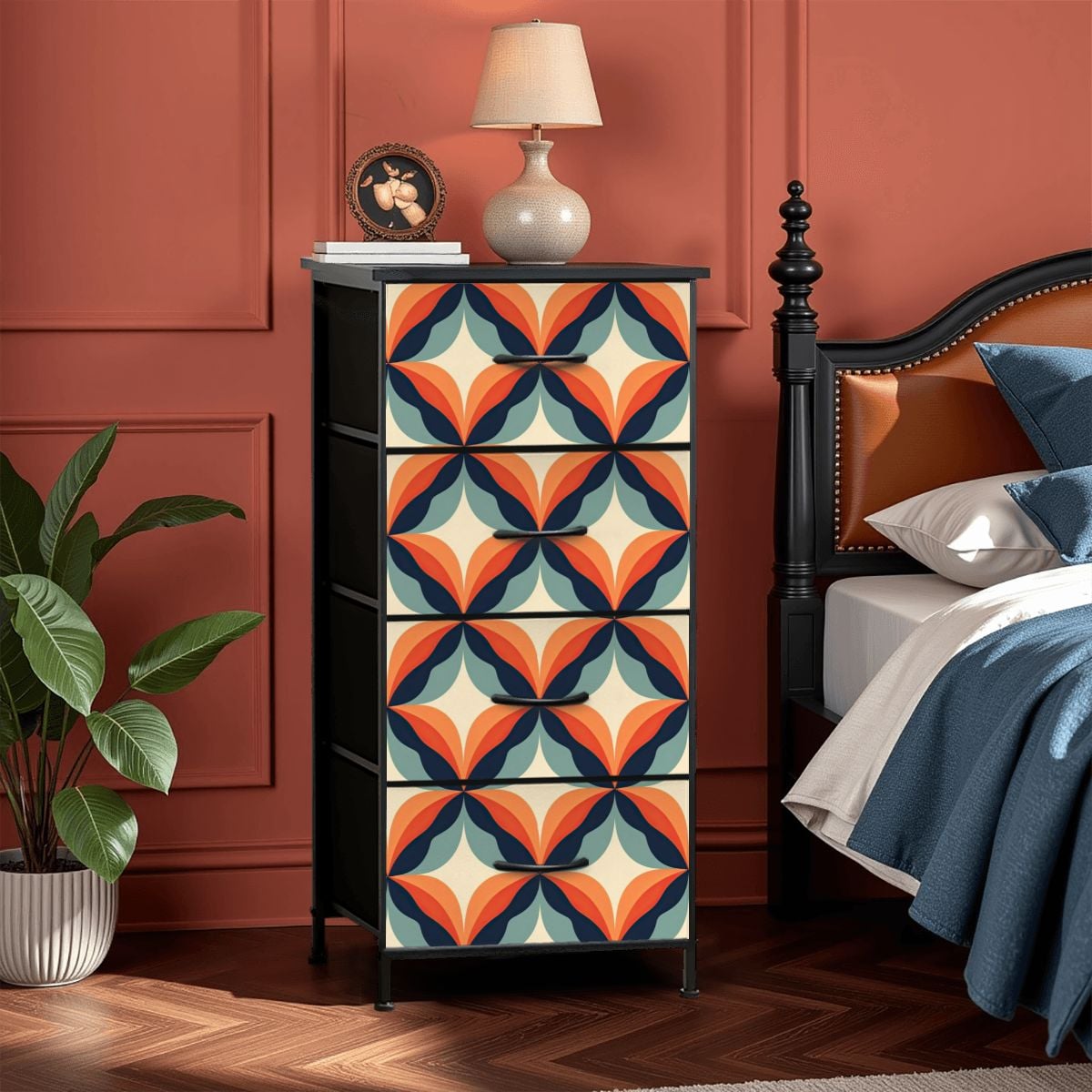 Retro Mod Groovy Orange, Blue, Mid Century Modern 4-Drawer Dresser - Mid Century Modern Gal