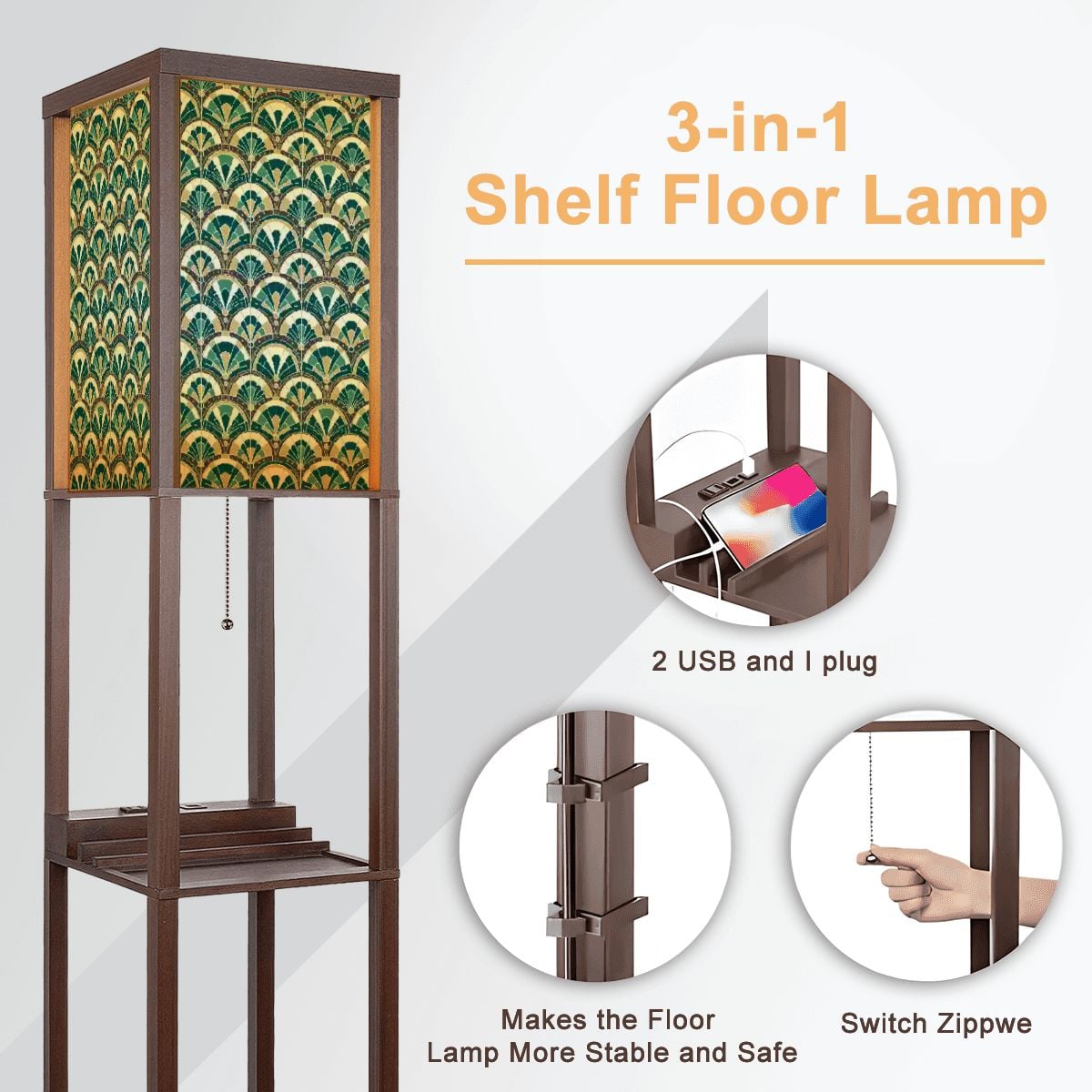 Art Deco Peacock Inspired Floor Lamp with Shelves