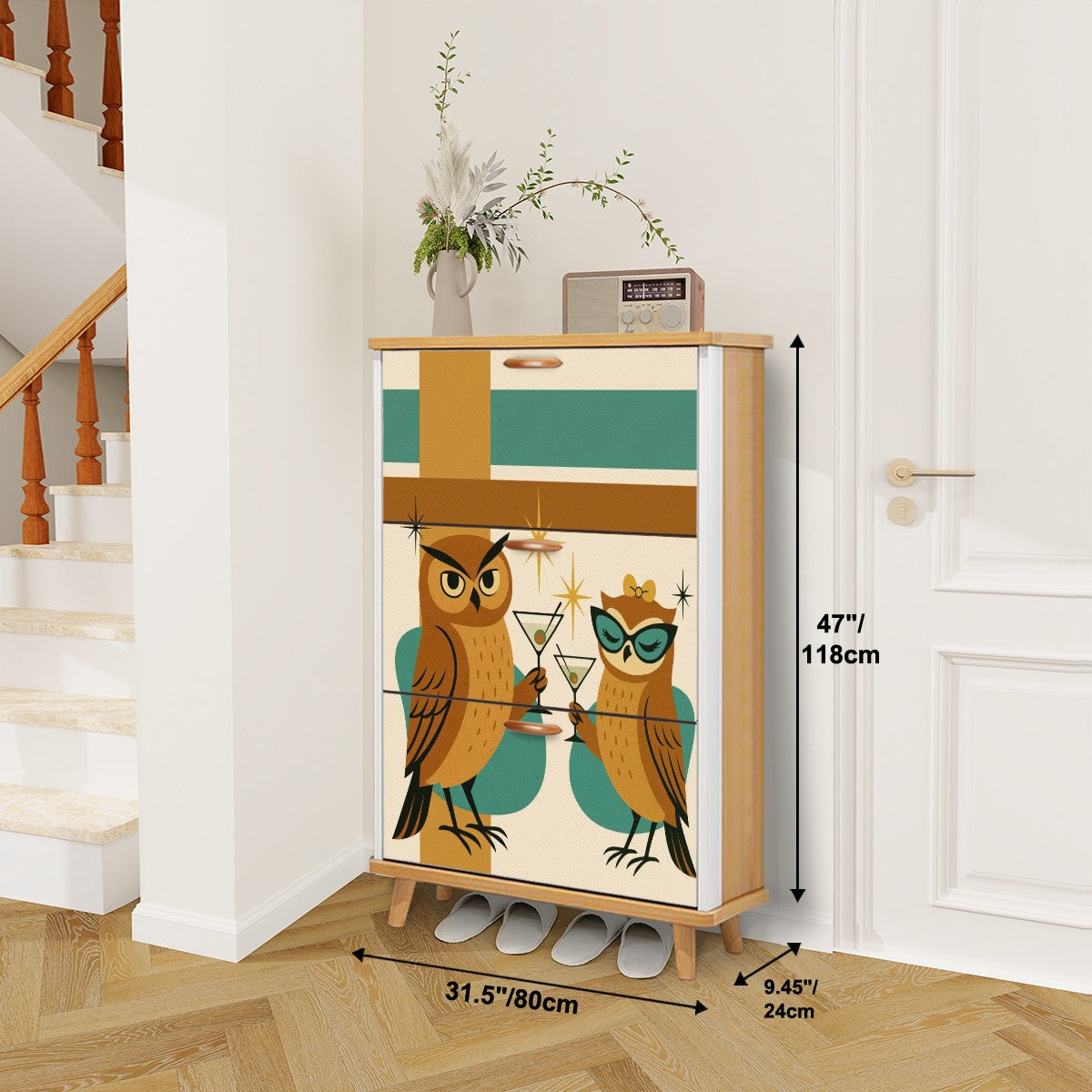Mid Century Modern 70s Owls Kitschy Martini Time Shoe Cabinet - Mid Century Modern Gal