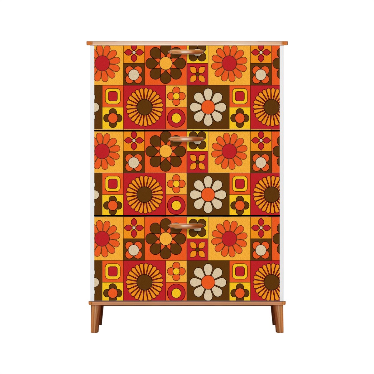 Retro 70s Mod Floral Orange Brown Yellow Mid Mod Hip Mudroom Storage Solution Shoe Cabinet - Mid Century Modern Gal