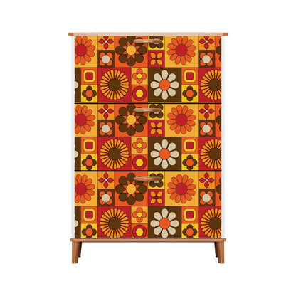 Retro 70s Mod Floral Orange Brown Yellow Mid Mod Hip Mudroom Storage Solution Shoe Cabinet - Mid Century Modern Gal