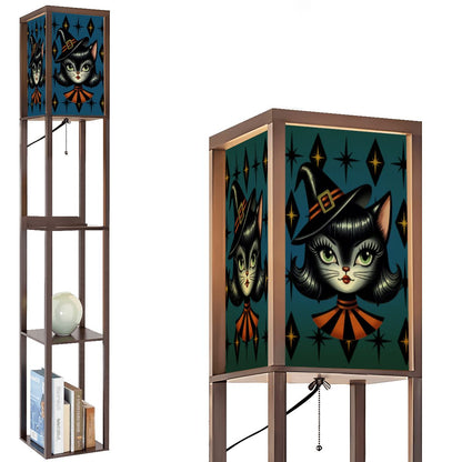 Vintage Halloween Black Cat Sexy Sexton Mid Century Modern Blue Floor Lamp with Shelves - Mid Century Modern Gal