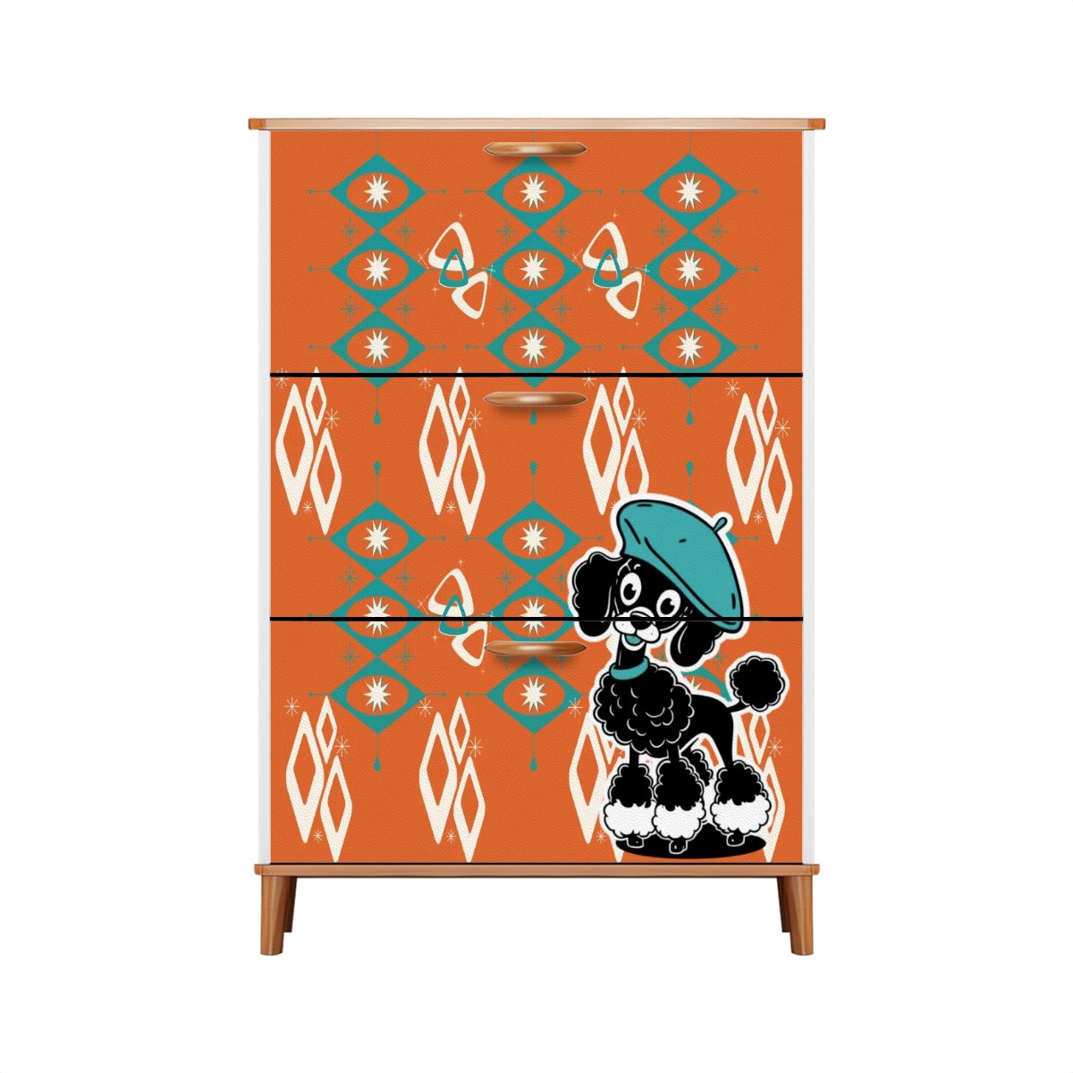 Atomic Orange Starburst Diamonds, Teal Mid Century Modern Kitschy Mod Poodle Shoe Storage Cabinet - Mid Century Modern Gal
