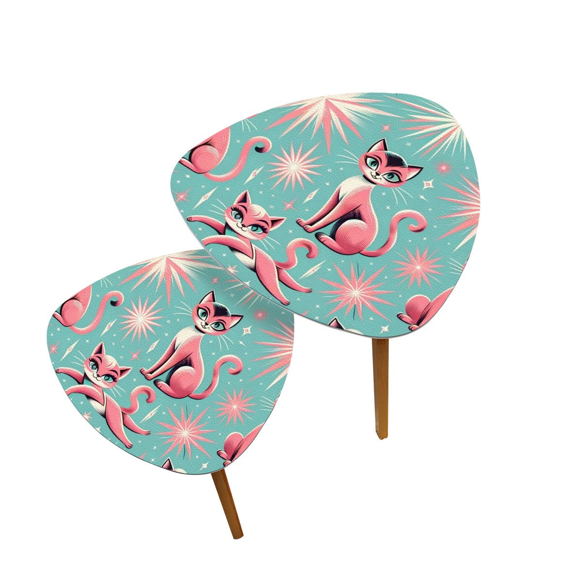 Atomic Aqua Pink Starburst Mid Century Modern Nesting Tables, Kitschy Pink Kitties - Mid Century Modern Gal