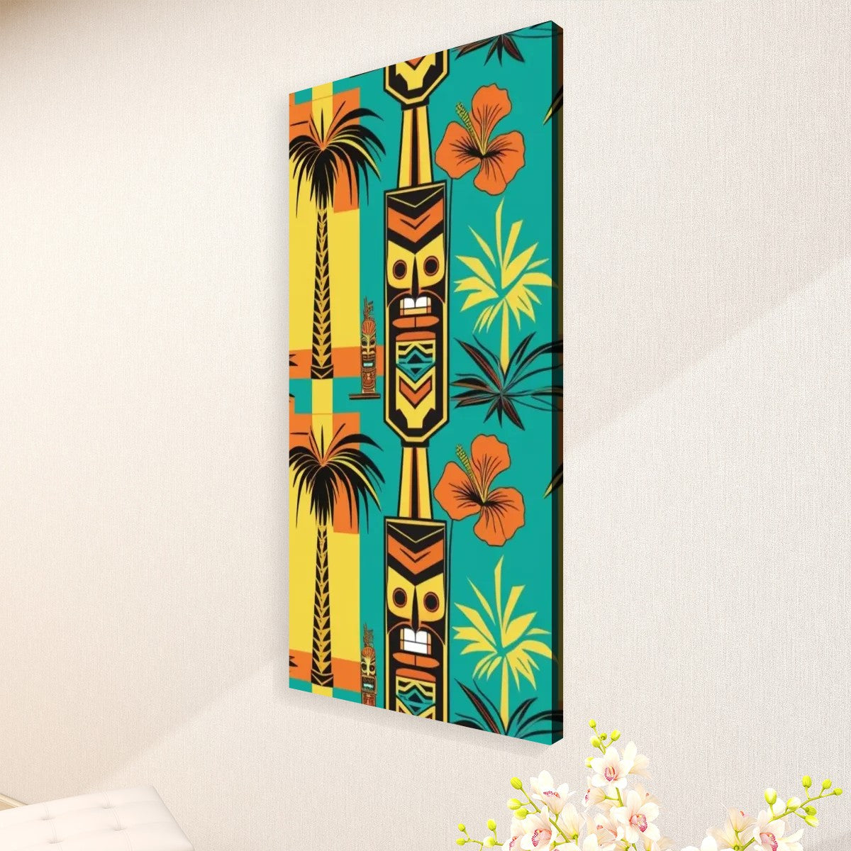 Mid Century Modern Tiki Wall Art, Teal, Yellow, Orange Large Canvas Print - Mid Century Modern Gal