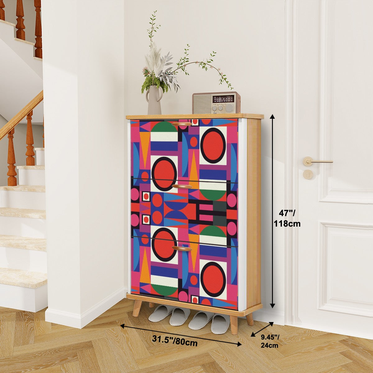 Mid Century Modern Shoe Cabinet, Bauhaus Designed Geometric Mod Furniture Storage Organization - Mid Century Modern Gal