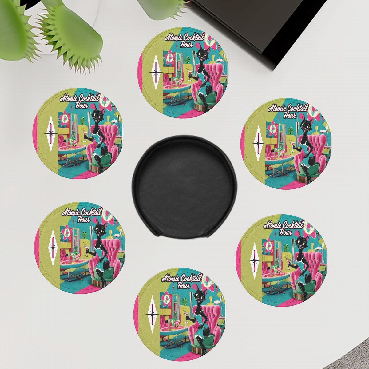 Atomic Cocktail Mid Century Modern Retro Cat Kitschy Mod Barware Thick Round Coasters Set of 6 - Mid Century Modern Gal