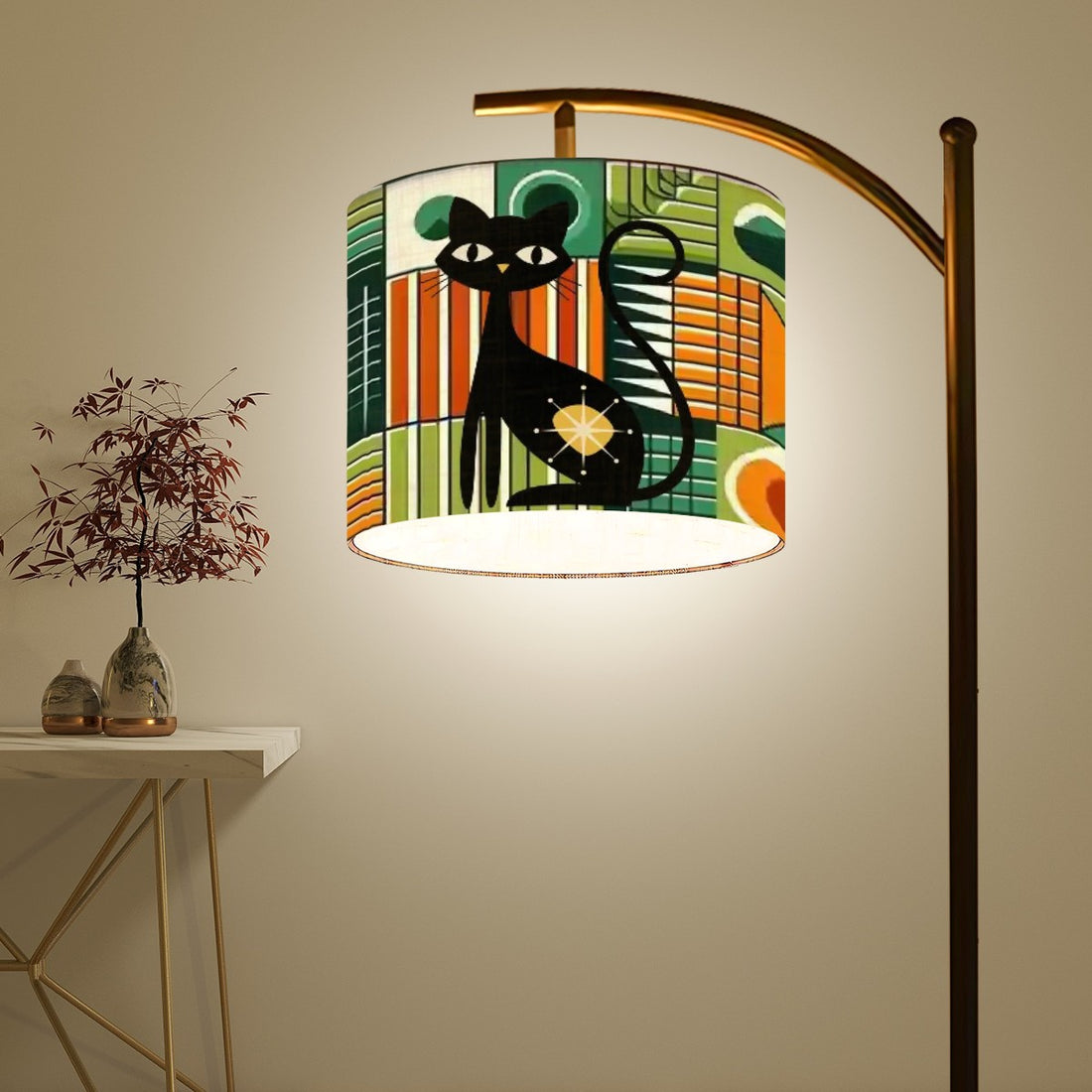 Atomic Cat Mid Century Modern Arc Floor Lamp, Geometric Green, Orange Mid Mod Lighting - Mid Century Modern Gal