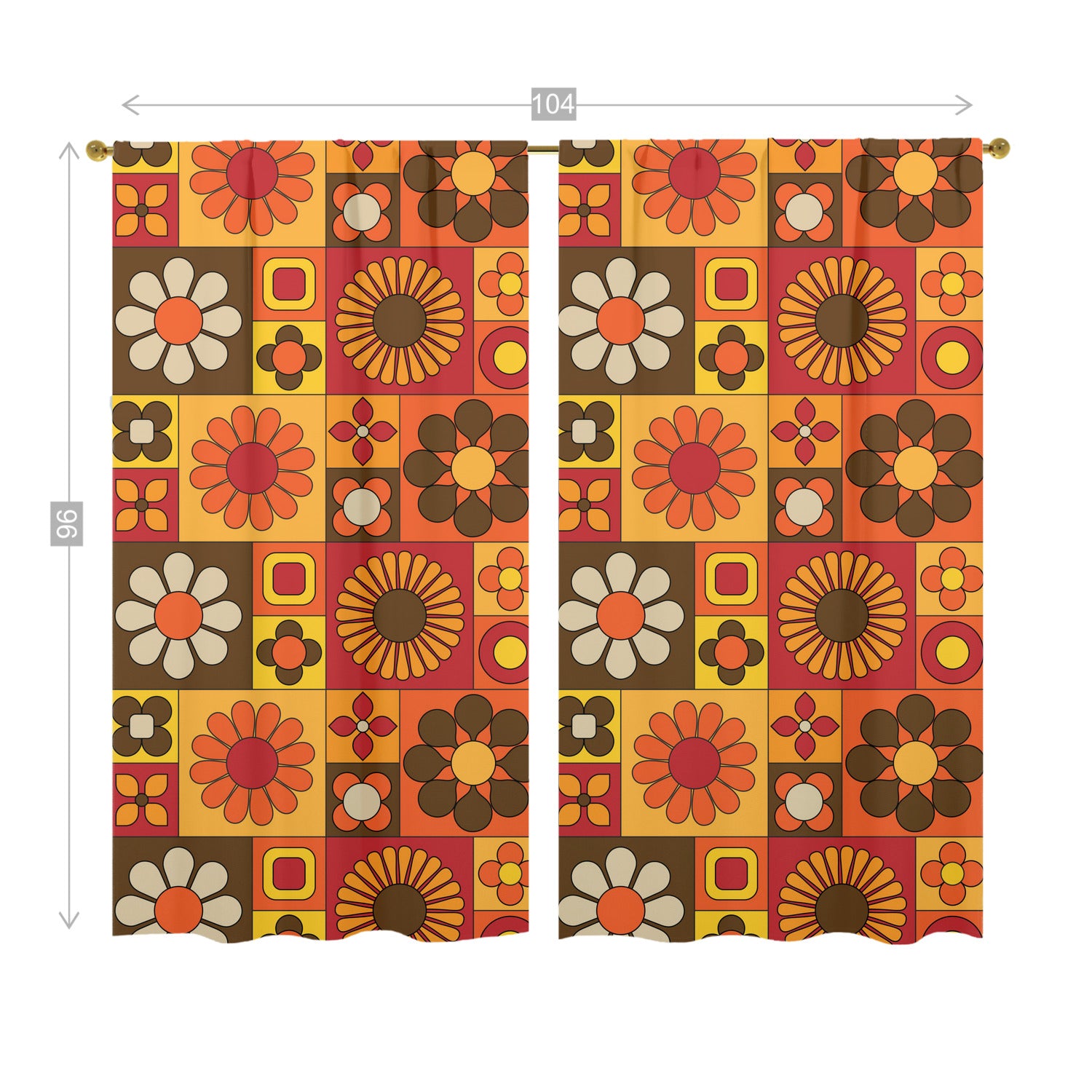 70s Flower Power Retro Orange Brown Yellow Mid Mod Window Curtains (two panels) - Mid Century Modern Gal