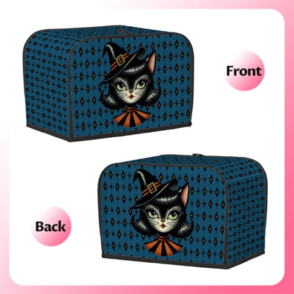 Vintage Halloween Black Cat Sexy Sexton Mid Century Modern Blue 2 Slice Toaster Cover - Mid Century Modern Gal
