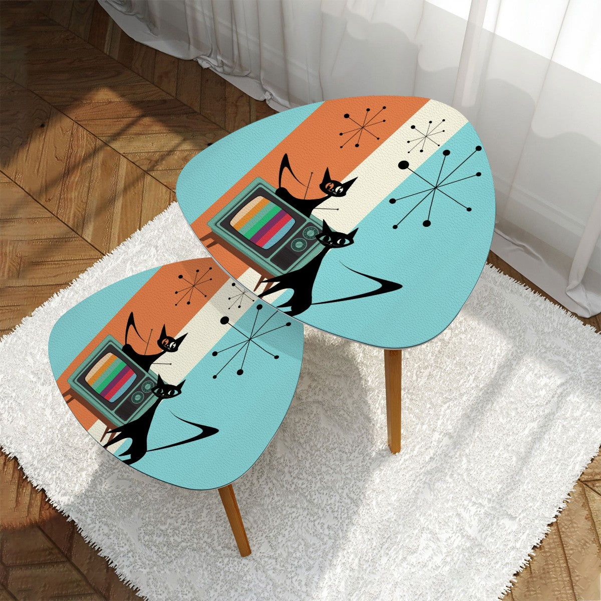 Atomic Kitschy Cats, Mid Century Modern Nesting Tables, Aqua Orange, Retro Side Tables - Mid Century Modern Gal