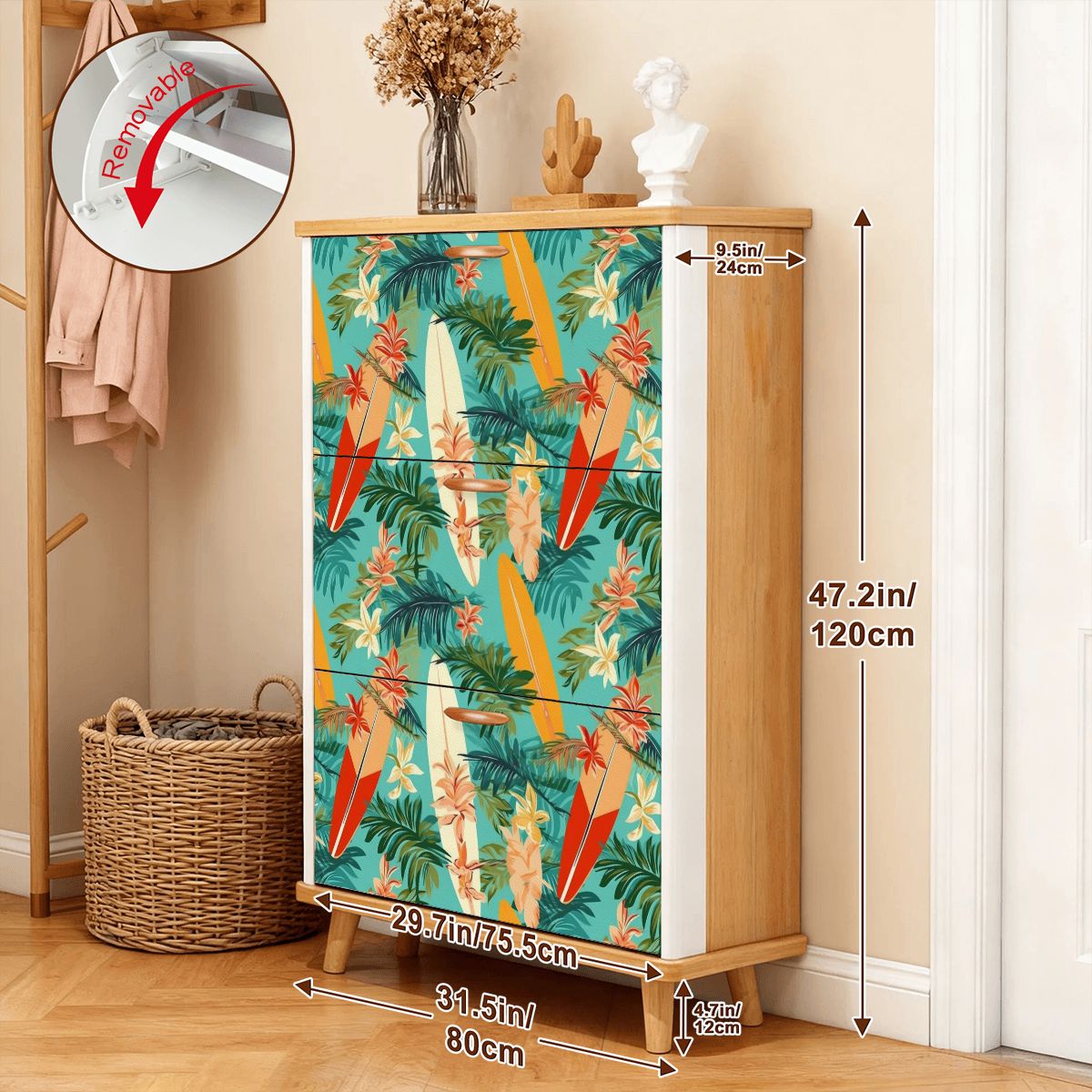 Mid Century Modern Polynesian Surfboard Shoe Storage Cabinet - Mid Century Modern Gal