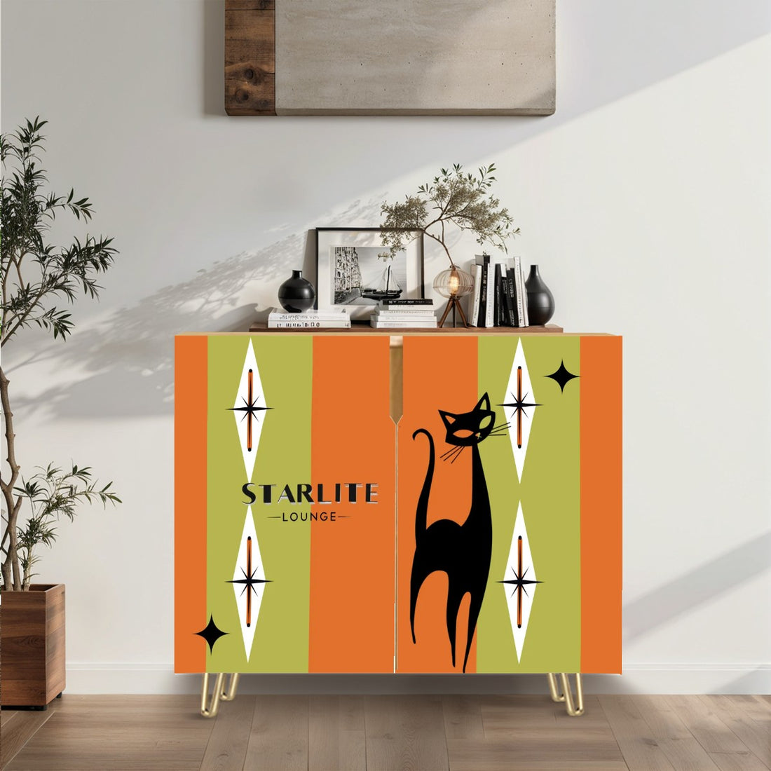 Mid Century Modern Bar Credenza, Atomic Cat, Starburst Diamonds Starlite Lounge MCM Wooden Storage Cabinet