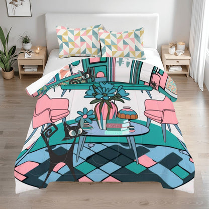 Mid Century Modern Atomic Kitschy Cats, Retro Fun And Quirky Queen Comforter Set - Mid Century Modern Gal