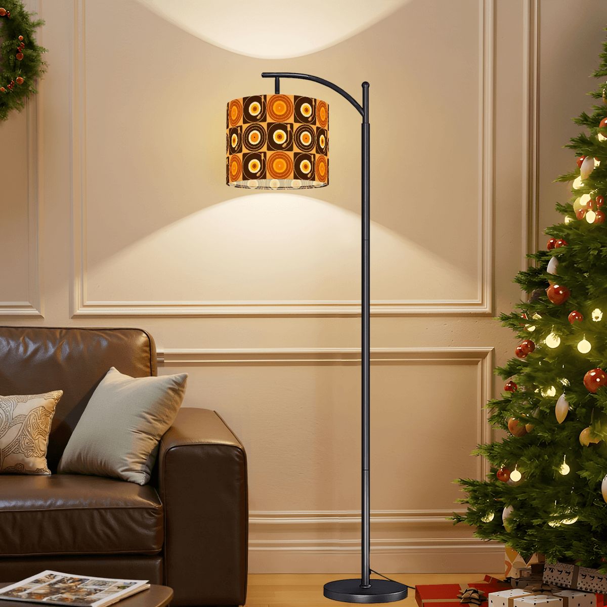 Groovy Retro Record Players, Brown Orange Yellow, Arc Floor Lamp