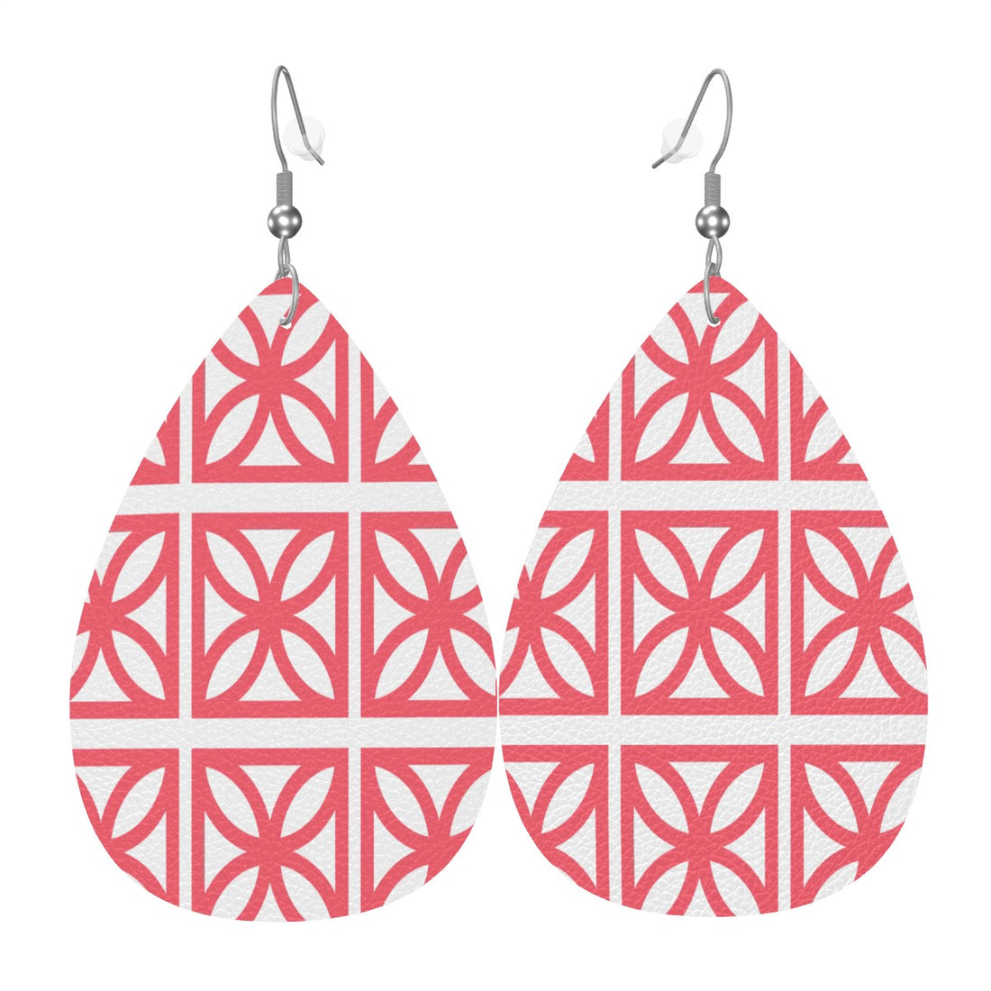 Breeze Block Coral Designed Kitschy Mod Faux Leather Teardrop Earrings - Mid Century Modern Gal