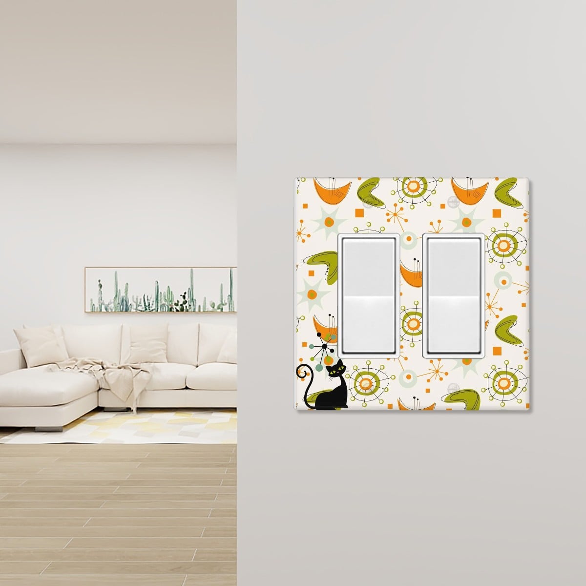 Mid Century Modern Atomic Cat Boomerang And Starburst Green, Orange Switch Cover 2-Gang 2 Decorator