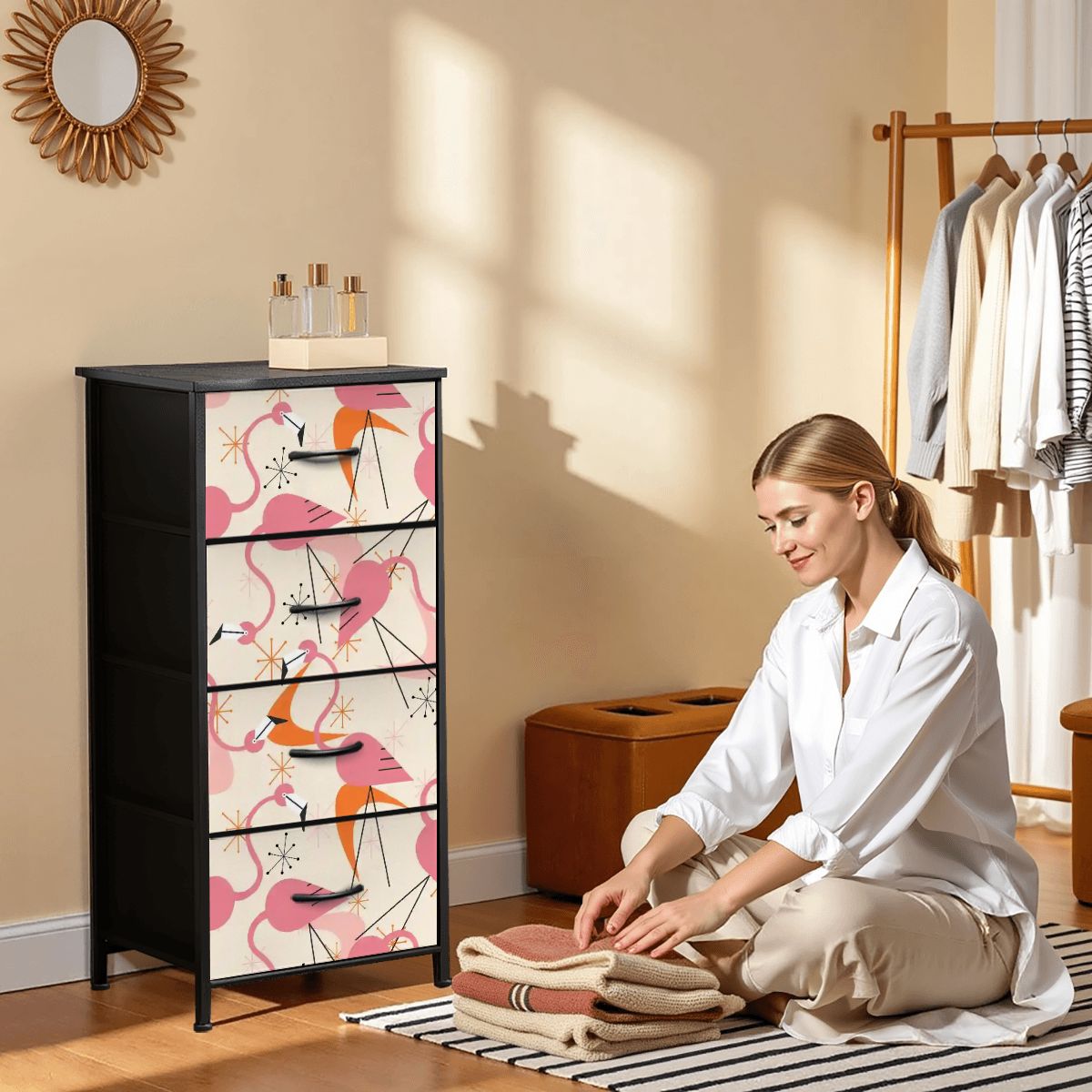 Retro Flamingo Dance Party, Kitschy Quirky Palm Spring California Tropical Flamingo 4-Drawer Dresser - Mid Century Modern Gal