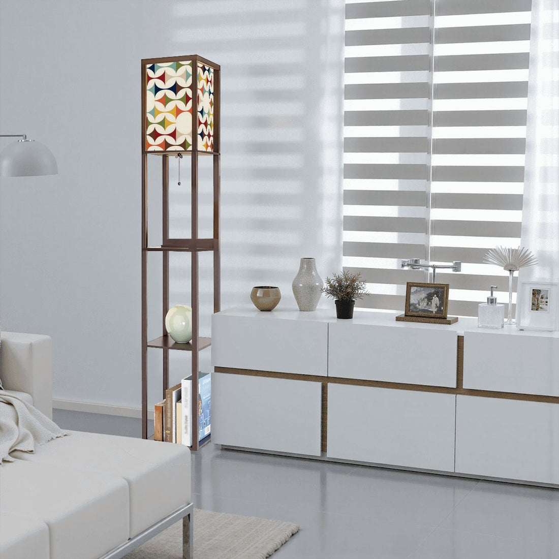 Mid Century Scandinavian Designed, Geometric Retro Mid Mod Floor Lighting With Shelves - Mid Century Modern Gal