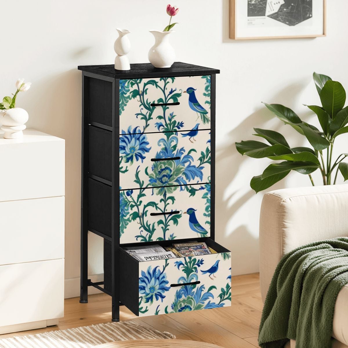 Chinoiserie Botanical Garden Birds, Blue, Green Asian Inspired Modern 4-Drawer Dresser - Mid Century Modern Gal