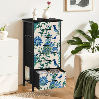 Chinoiserie Botanical Garden Birds, Blue, Green Asian Inspired Modern 4-Drawer Dresser - Mid Century Modern Gal