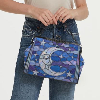 Halloween Stained Glass Style Night Sky Moon Stars Clouds Kisslock Crossbody Purse - Mid Century Modern Gal