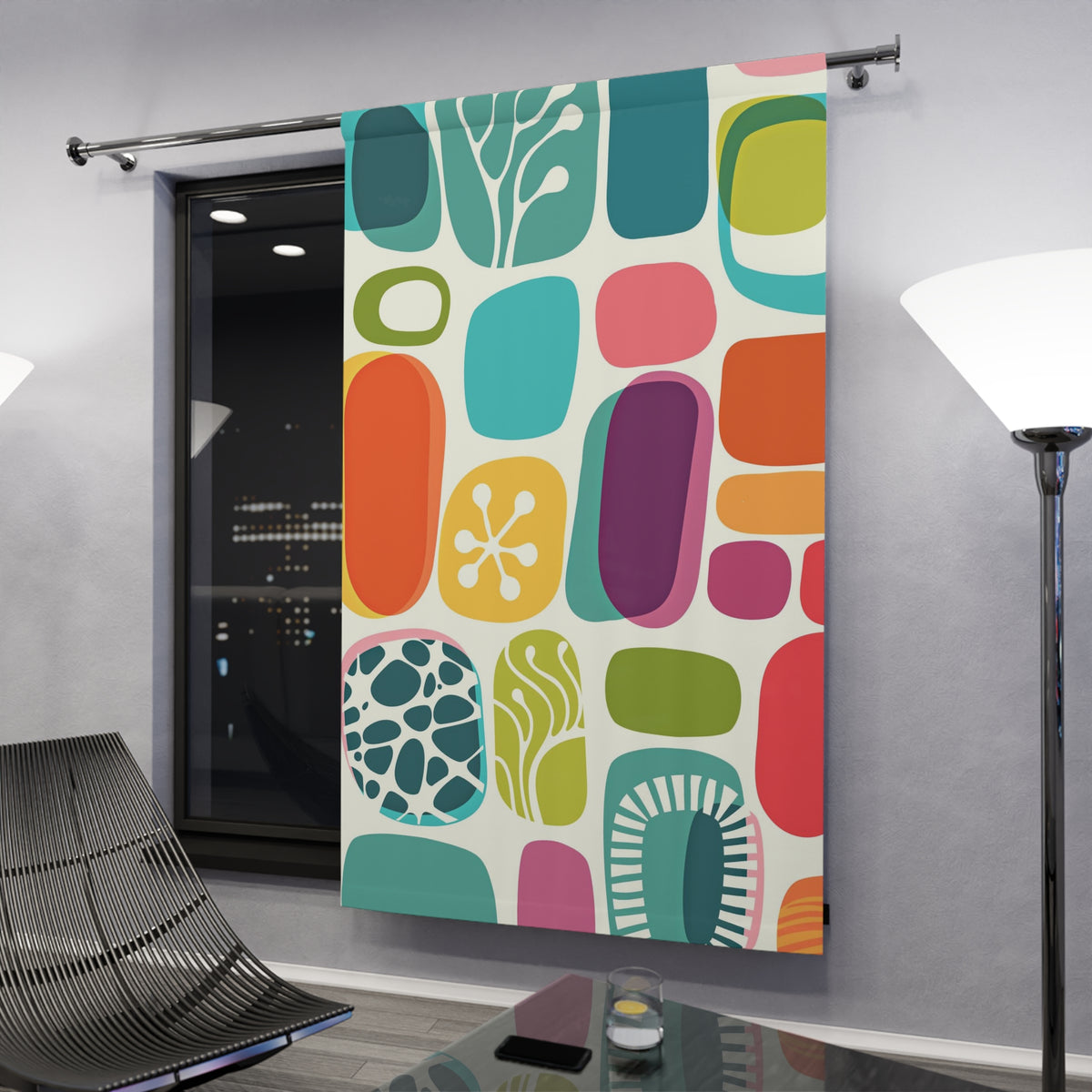 Mid Mod Amoeba  Geometric Retro Teal, Aqua, Orange, Green, Abstract Art Mid Century Modern Curtain - Mid Century Modern Gal
