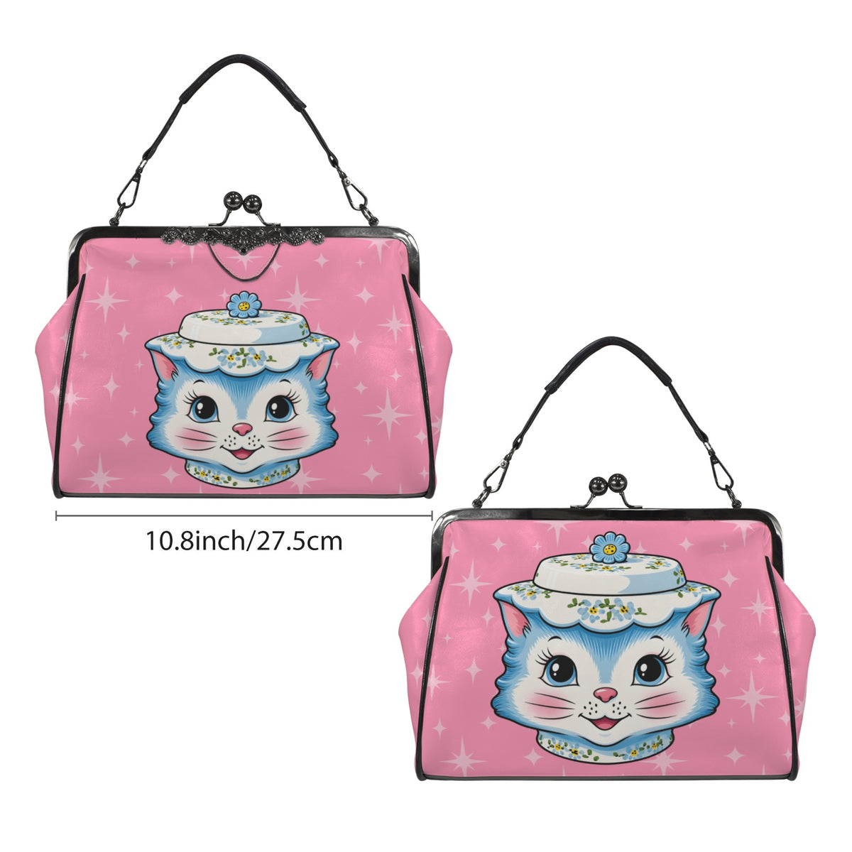 Mid Century Modern Kitschy Anthropomorphic Blue Cat with Floral Hat Kisslock Crossbody Purse