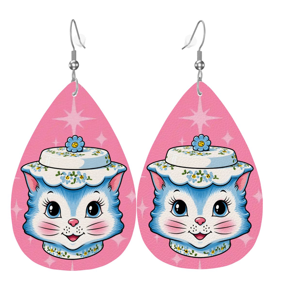 Mid Century Modern Kitschy Anthropomorphic Blue Cat with Floral Hat Vegan Leather Teardrop Earrings