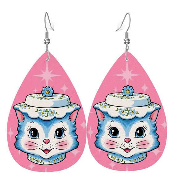 Mid Century Modern Kitschy Anthropomorphic Blue Cat with Floral Hat Vegan Leather Teardrop Earrings