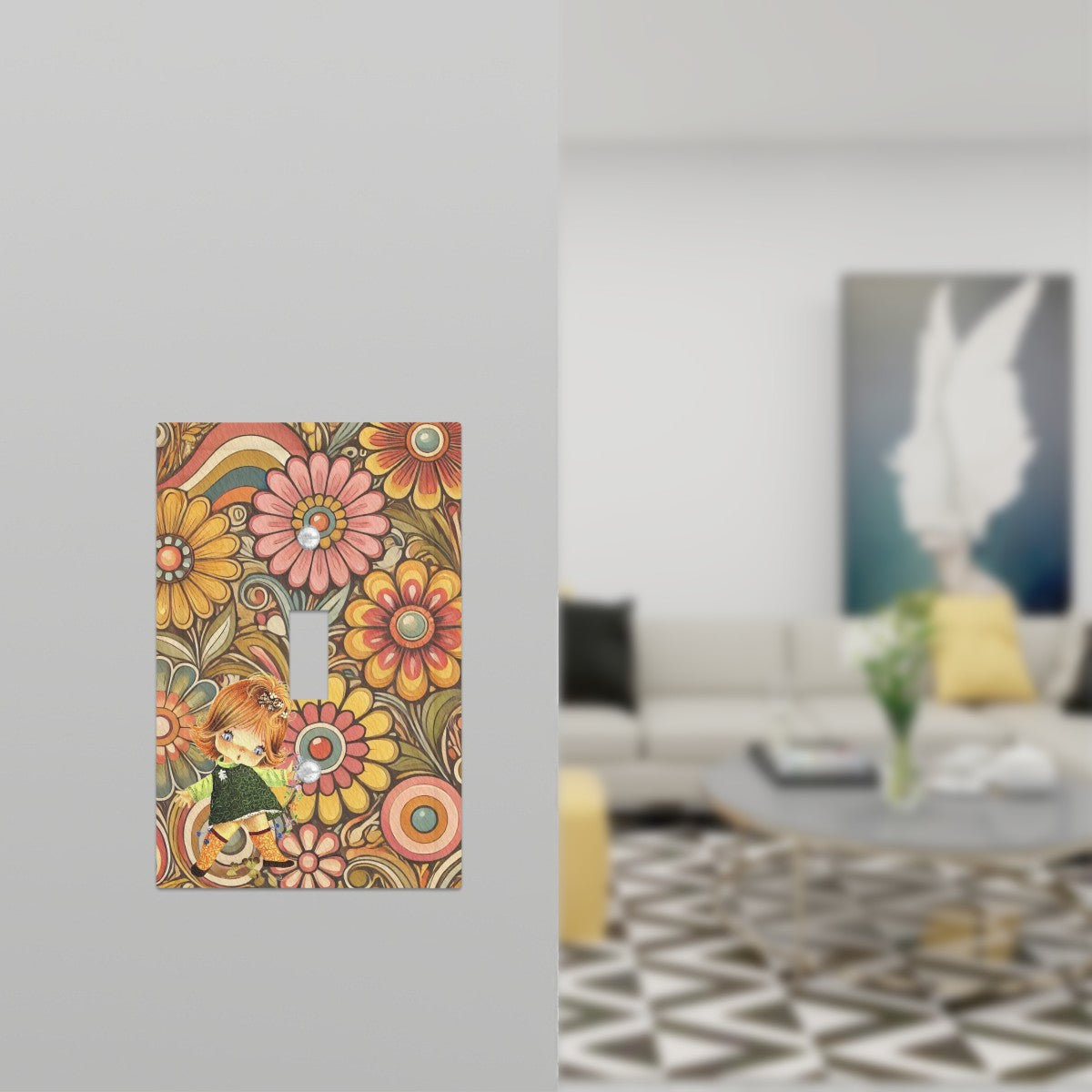 Retro Flower Power, Cute Big Eyed 70s Gal Leather Texture Switch Cover 1-Gang 1 Toggle - Mid Century Modern Gal