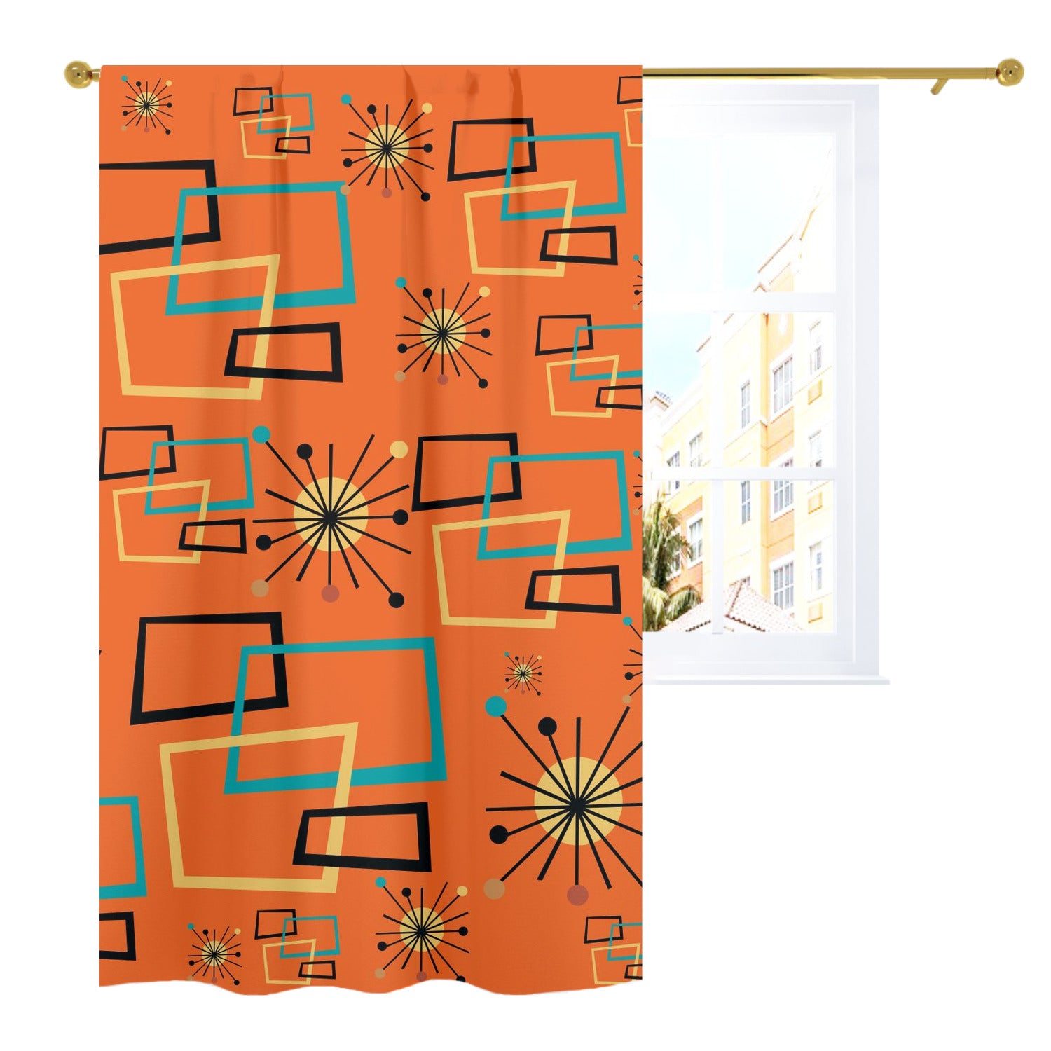 Mid Century Modern Atomic Starburst Orange Curtain, Single Panel - Mid Century Modern Gal