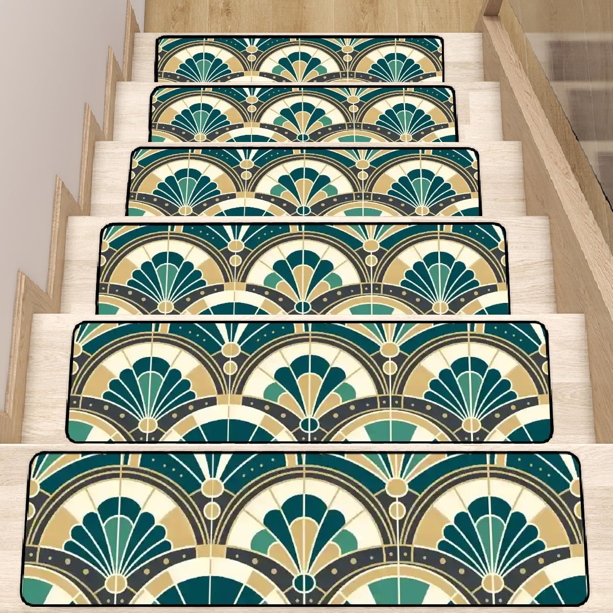 Art Deco Peacock Inspired Non Slip Carpet for Stairs Treads