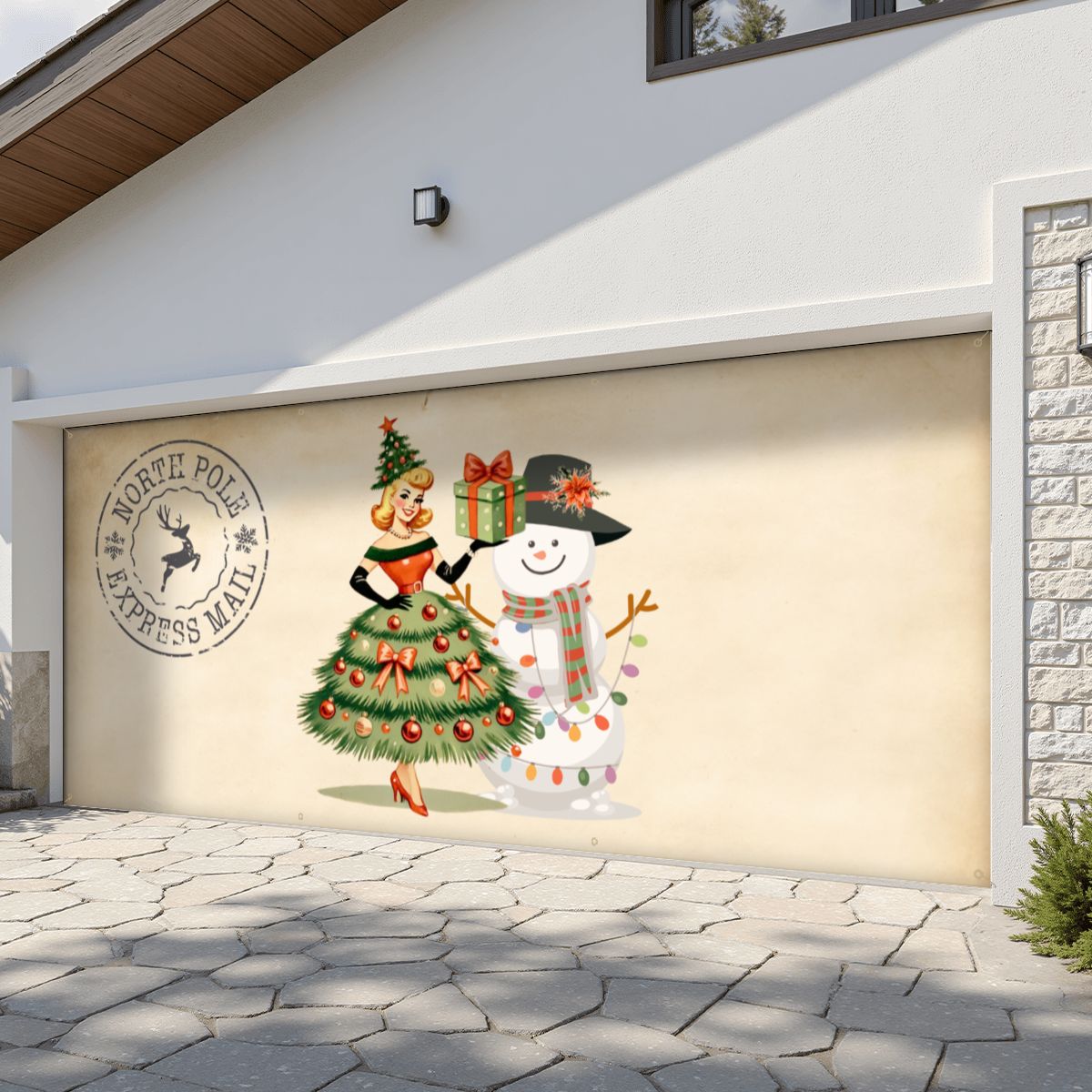 Whimsical Christmas Mid Century Modern North Pole Express Mail Garage Door Banner Backdrop - Mid Century Modern Gal