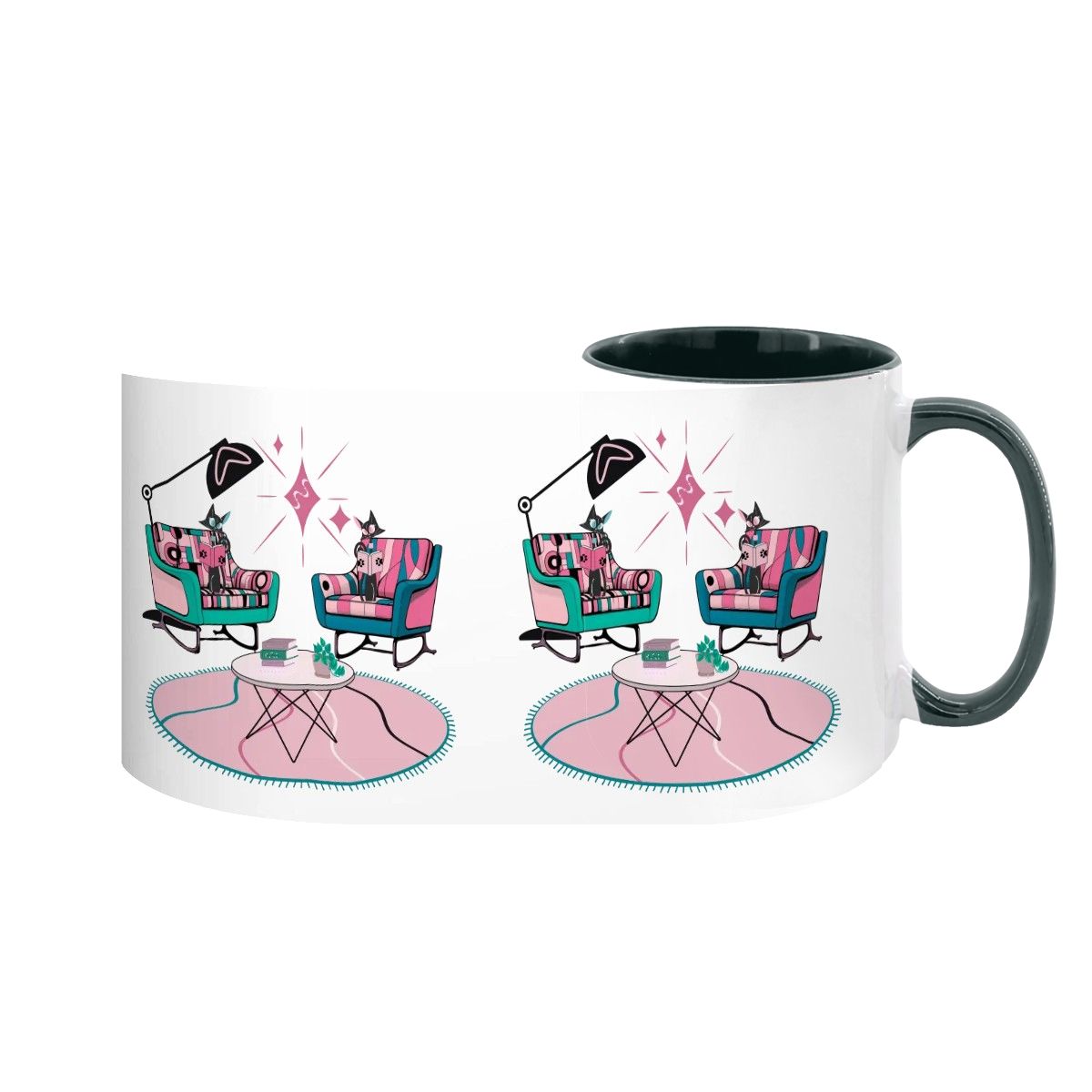 Colorful 15oz mug featuring atomic reading cats in mid-century modern decor with stylish chairs and a retro rug.