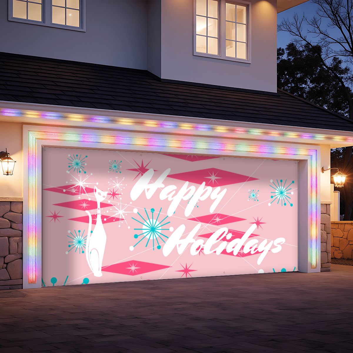 Atomic Cat Mid Century Modern Happy Holidays Christmas Garage Door Banner Backdrop - Mid Century Modern Gal