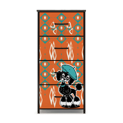 Atomic Orange Starburst Diamonds, Teal Mid Century Modern Kitschy Mod Poodle 4-Drawer Dresser - Mid Century Modern Gal