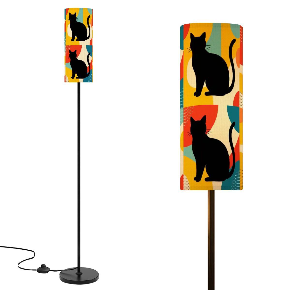Pop Art Atomic Black Cats, Red Blue Yellow, Slim Floor Lamp - Mid Century Modern Gal