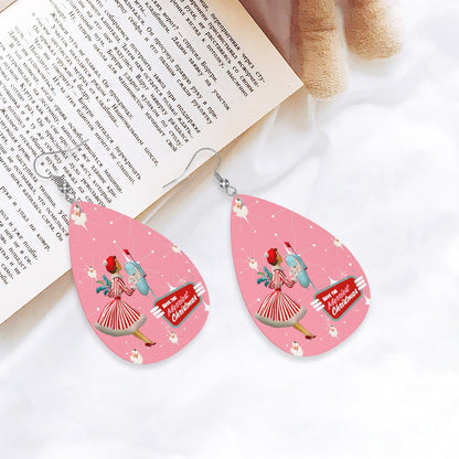 Mid Century Modern Christmas Old Timey Santa Pink Mod 50s Gal Faux Leather Teardrop Earrings - Mid Century Modern Gal