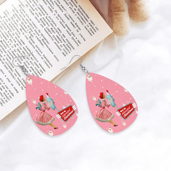 Mid Century Modern Christmas Old Timey Santa Pink Mod 50s Gal Faux Leather Teardrop Earrings
