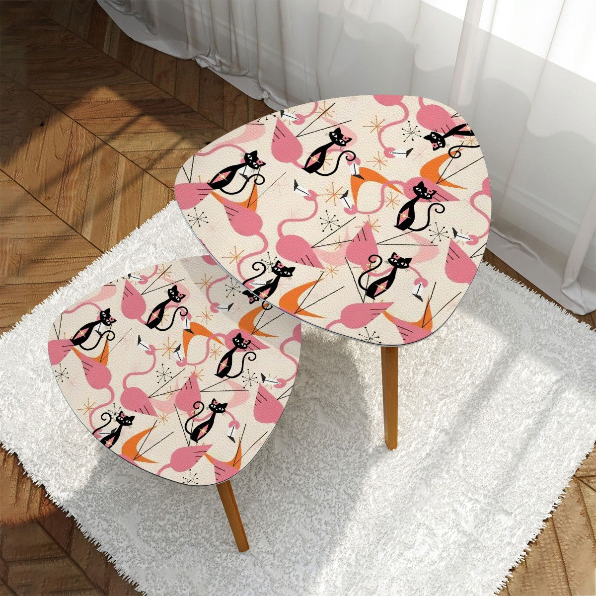 Mid Century Modern Nesting Tables Adorned With Dancing Flamingos And Atomic Cats - Mid Century Modern Gal