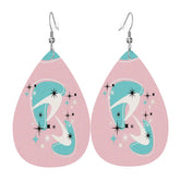 Atomic Cocktail Vegan Leather Teardrop Earring, Pink Aqua Boomerang - Mid Century Modern Gal