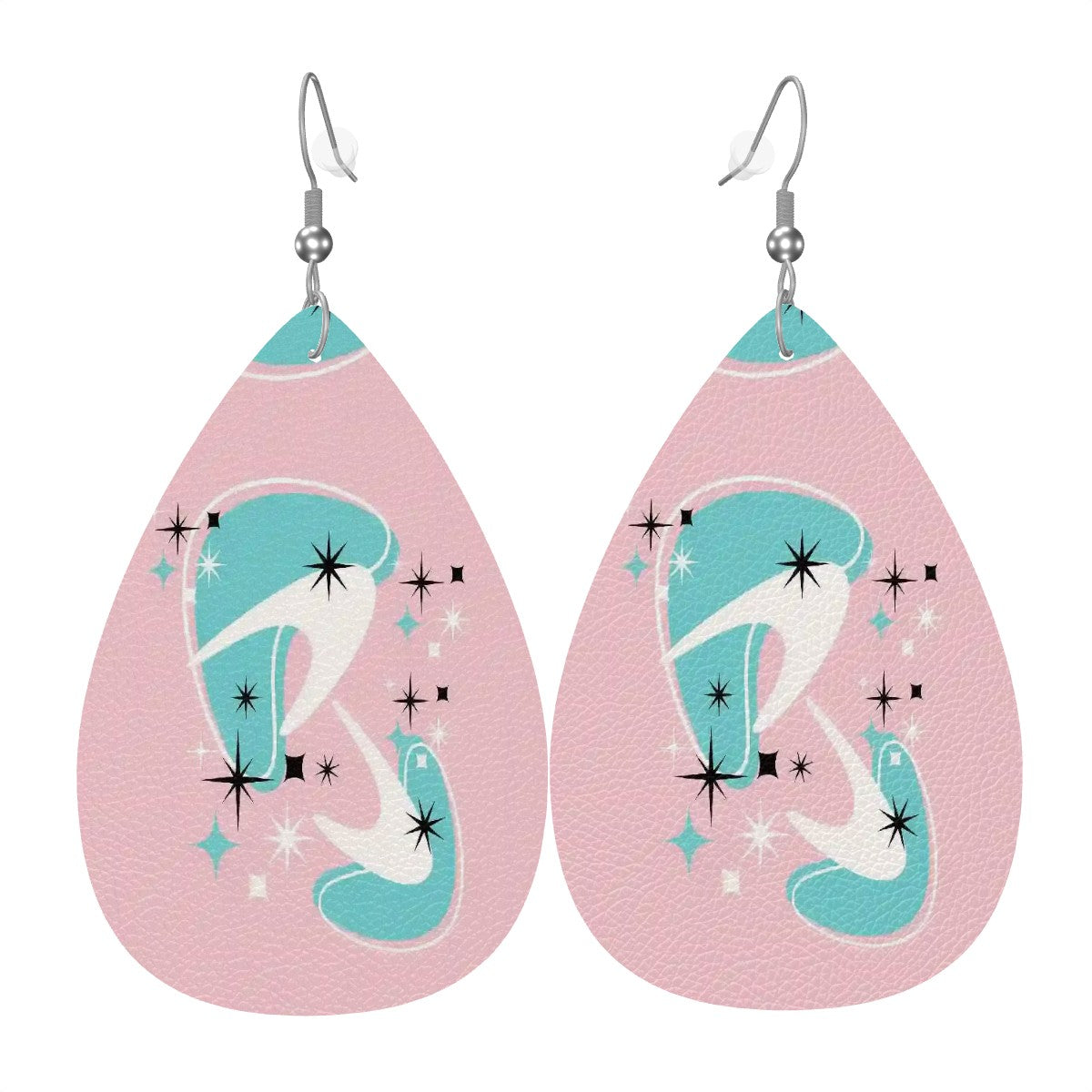 Atomic Cocktail Vegan Leather Teardrop Earring, Pink Aqua Boomerang - Mid Century Modern Gal