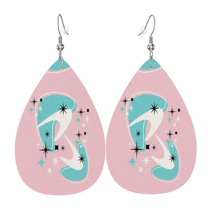 Atomic Cocktail Vegan Leather Teardrop Earring, Pink Aqua Boomerang - Mid Century Modern Gal