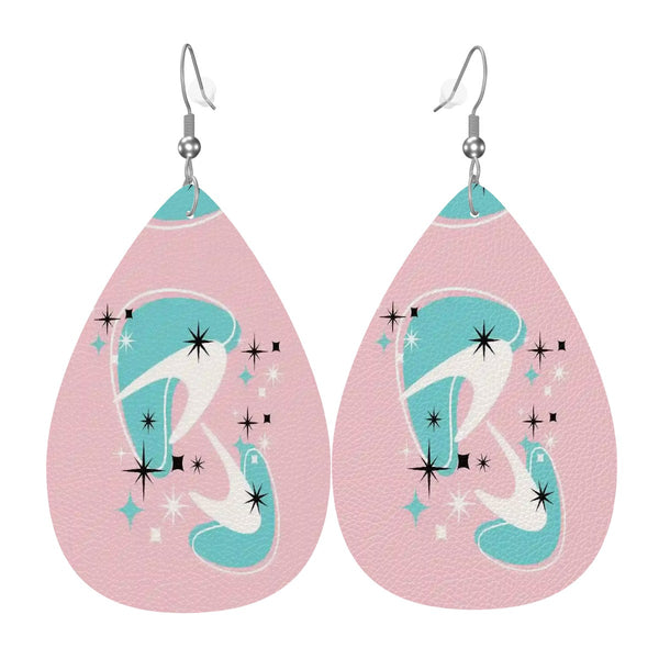Atomic Cocktail Vegan Leather Teardrop Earring, Pink Aqua Boomerang