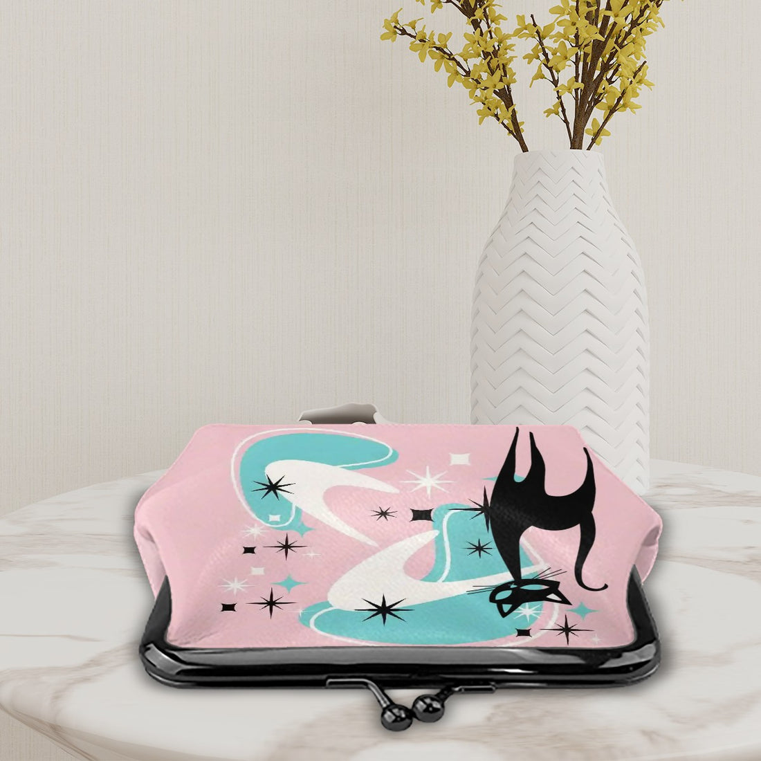 Atomic Pink Aqua Boomerang Kitschy Cat Mod Coin Purse for Women - Mid Century Modern Gal