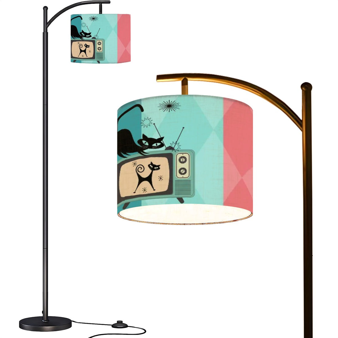 Atomic Cat Mid Century Modern Floor Lamp, Kitsch Pink, Aqua Teal Mod Arc Lighting