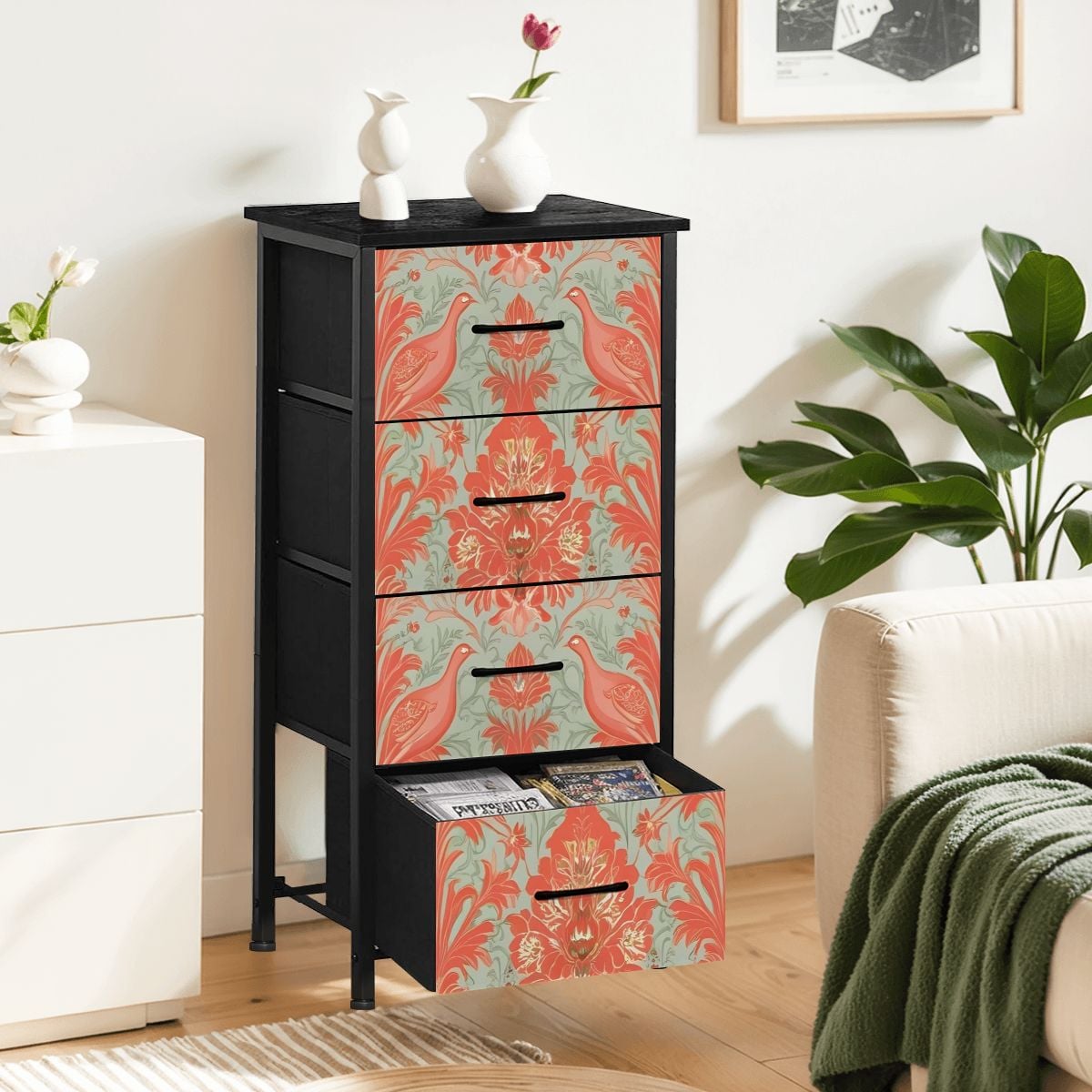 Chinoiserie Coral, Green Floral Botanicals Exotic Bird 4-Drawer Dresser - Mid Century Modern Gal